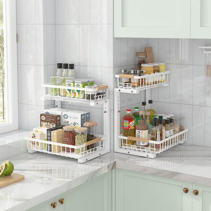 ADRIMER Under Sink Organizer 2 Packs, Pull Out Kitchen Sink Organizer, 2 Tier Slide Out Kitchen Organizers and Storage Bathroom Under Cabinet Storage Shelf, Transparent & White