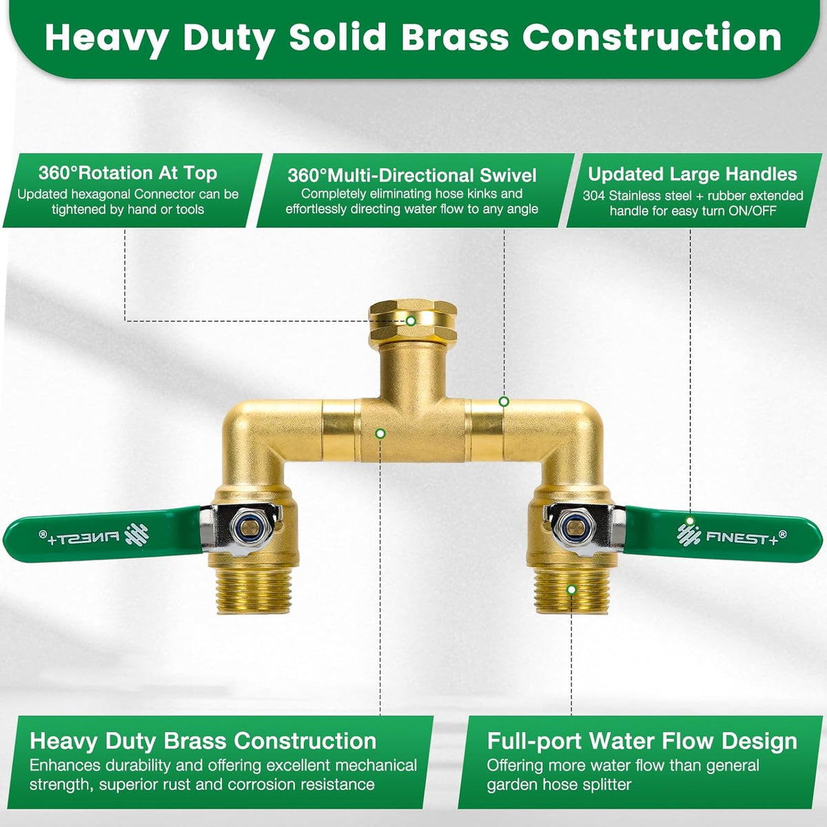 2 Way Brass Garden Hose Splitter Heavy Duty, 360° Rotatable Y Valve, Full Flow Large Ball Valve, 304 Stainless Steel Long Handle, 3/4" GHT Thread for Outdoor Faucet Lawn Irrigation Car Wash
