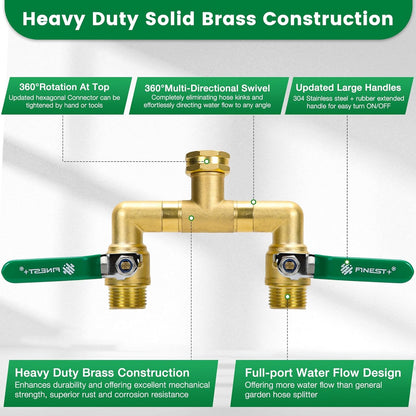 2 Way Brass Garden Hose Splitter Heavy Duty, 360° Rotatable Y Valve, Full Flow Large Ball Valve, 304 Stainless Steel Long Handle, 3/4" GHT Thread for Outdoor Faucet Lawn Irrigation Car Wash