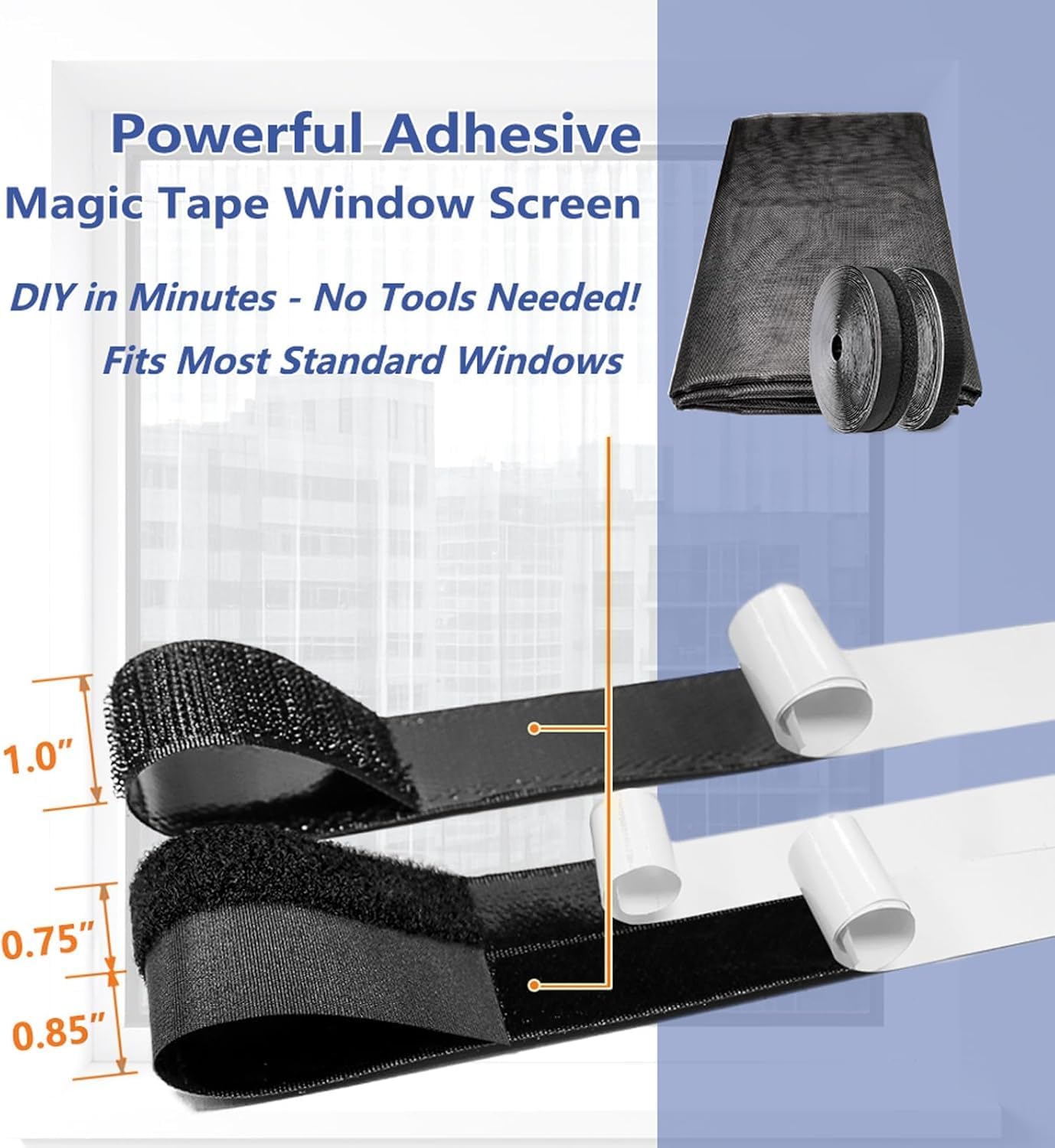 Window Screen with Upgraded Hook and Loop Adhesive Edging Frame Free Cutting DIY Max 20 feet Perimeter 47x73 to 42x78 inch Black Mesh Window Screens Replacement (Black)