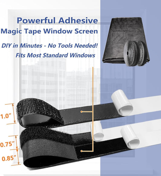 Window Screen with Upgraded Hook and Loop Adhesive Edging Frame Free Cutting DIY Max 20 feet Perimeter 47x73 to 42x78 inch Black Mesh Window Screens Replacement (Black)