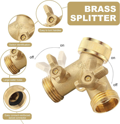 3/4 Inch Brass 2-Way Garden Hose Splitter – Y-Shaped Hose Connector with 2 Anti-Kink Spiral Protectors, Heavy-Duty Metal Outdoor Faucet Splitter, Brass Handle Design, Garden Hose Adapter