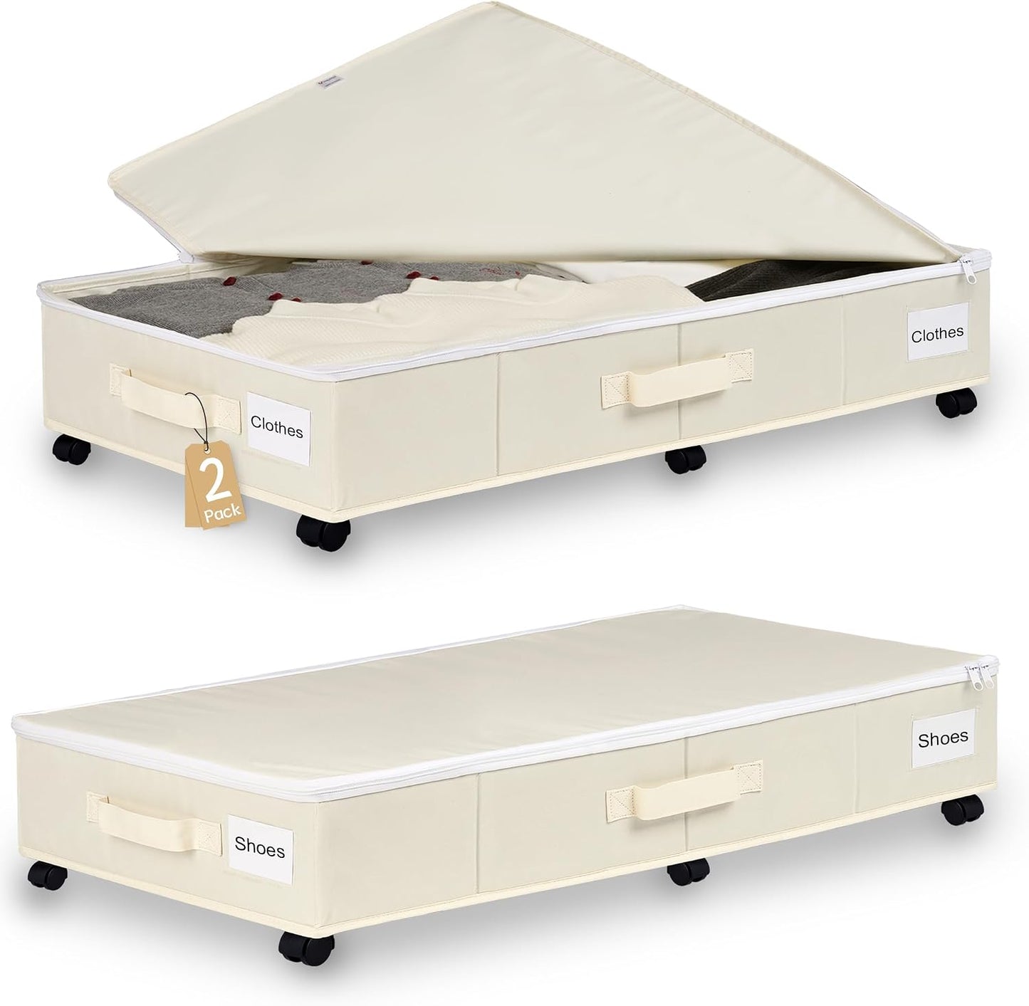 Vincona Under Bed Storage with Wheels, 2 Pack Under Bed Storage Containers with Label Holders for Clothes, Shoes and Blankets, Rolling Underbed Shoe Organizer with Cover, Beige (30.71x15.7x7.28 in)