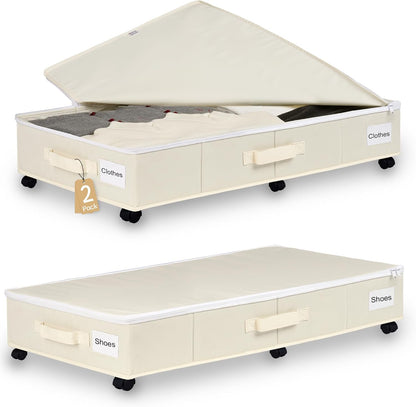 Vincona Under Bed Storage with Wheels, 2 Pack Under Bed Storage Containers with Label Holders for Clothes, Shoes and Blankets, Rolling Underbed Shoe Organizer with Cover, Beige (30.71x15.7x7.28 in)