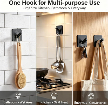 Fotosnow Matte Black Adhesive Wall Hooks, 15lbs Locking Curve Anti Slip Stainless Steel No Drill Stick On Hooks for Bathroom Shower Towel Coat Kitchen