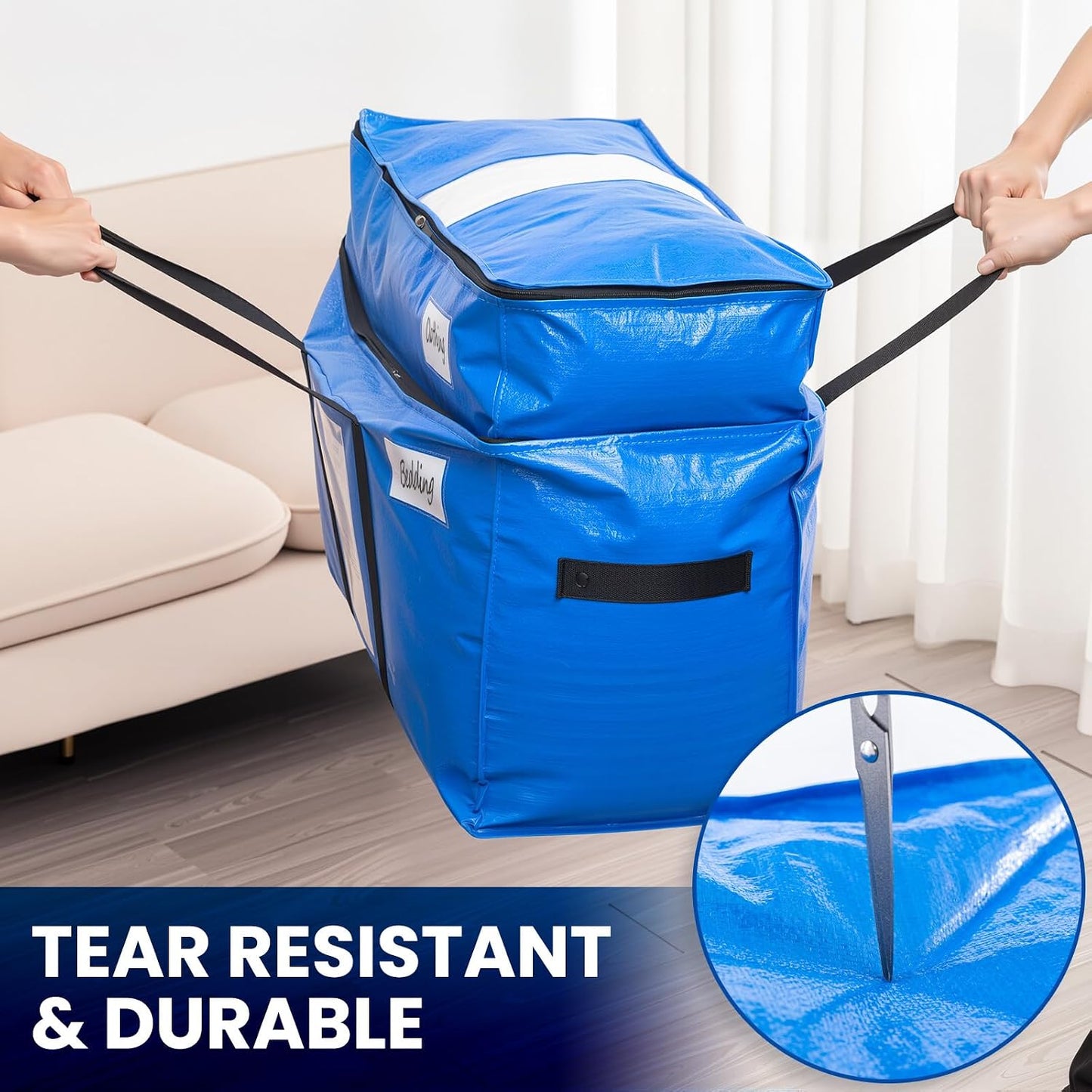 TAILI Extra Large Moving Bags, 4 Pack Blue Heavy Duty Totes For Storage with Visible Window, Wrap Around Handles, Storage Bags for Space Saving, Alternative to Moving Boxes