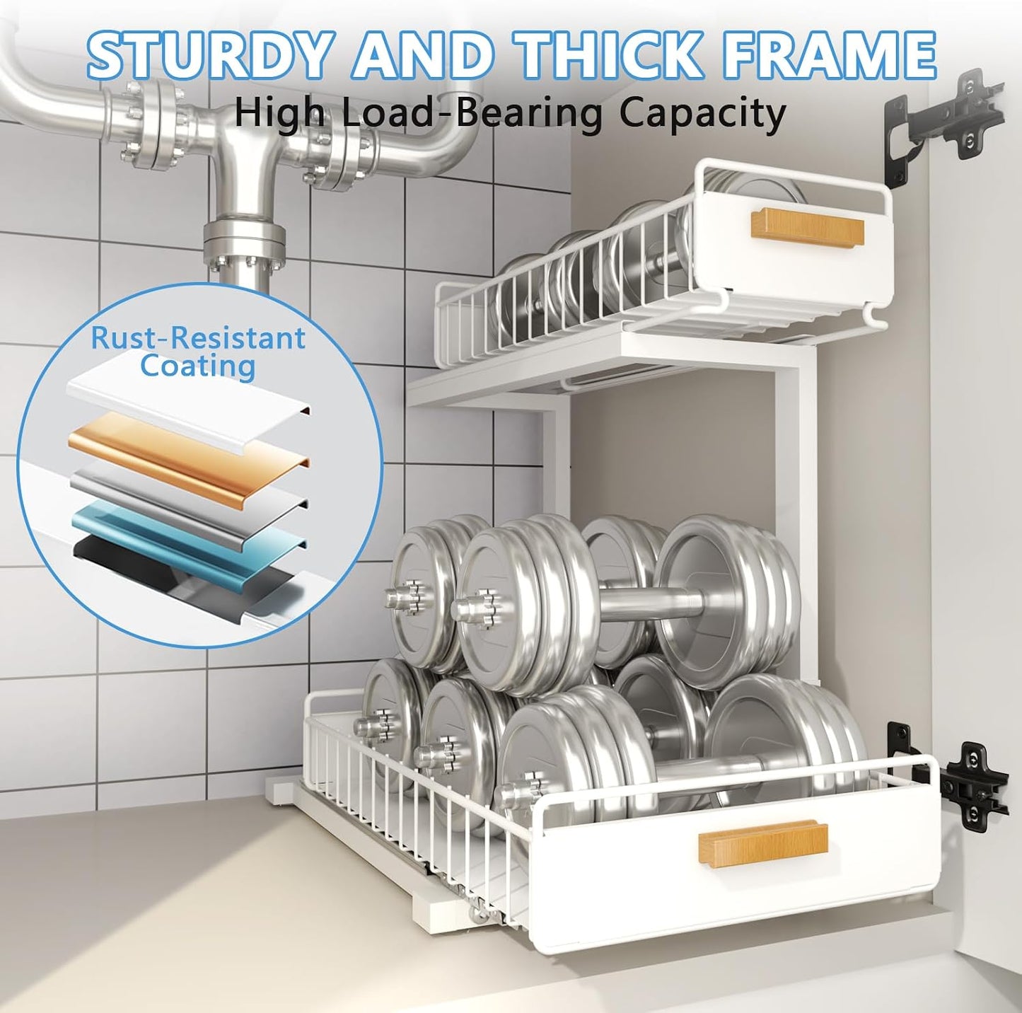 Under Sink Organizer Kitchen - Upgraded Professional Rails, 2 Tier Dual Pull Out Cabinet Storage, Height Adjustable Under Sink Storage, Metal Sliding Drawer for Kitchen & Bathroom, White, 2 Pack