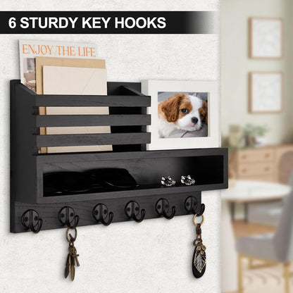 Key and Mail Holder Wall Mount, Key Hanger with Long Storage Box and 5 Hooks for Coat, Dog Leash, Home Decor Rack, House Accessories, Entry Way Organizer 11.8”W x 7.8”H x 3.2”D