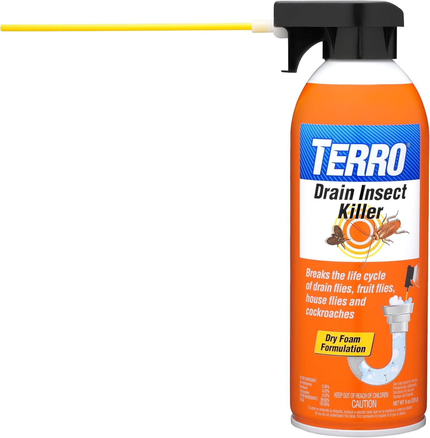 TERRO Drain Insect Killer, 1-Pack, Foam Treatment for Indoor Infestations | Kills Cockroaches, Drain, House, & Fruit Flies, Extension Tube Application, Drain Fly Killer, Works on All Pipes