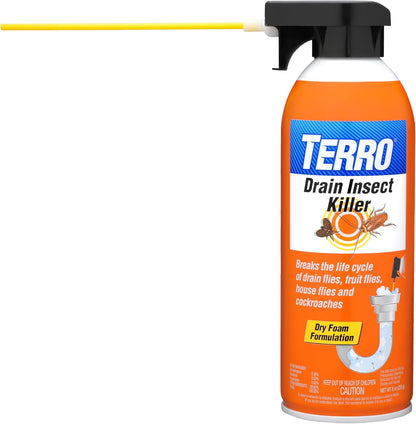 TERRO Drain Insect Killer, 1-Pack, Foam Treatment for Indoor Infestations | Kills Cockroaches, Drain, House, & Fruit Flies, Extension Tube Application, Drain Fly Killer, Works on All Pipes