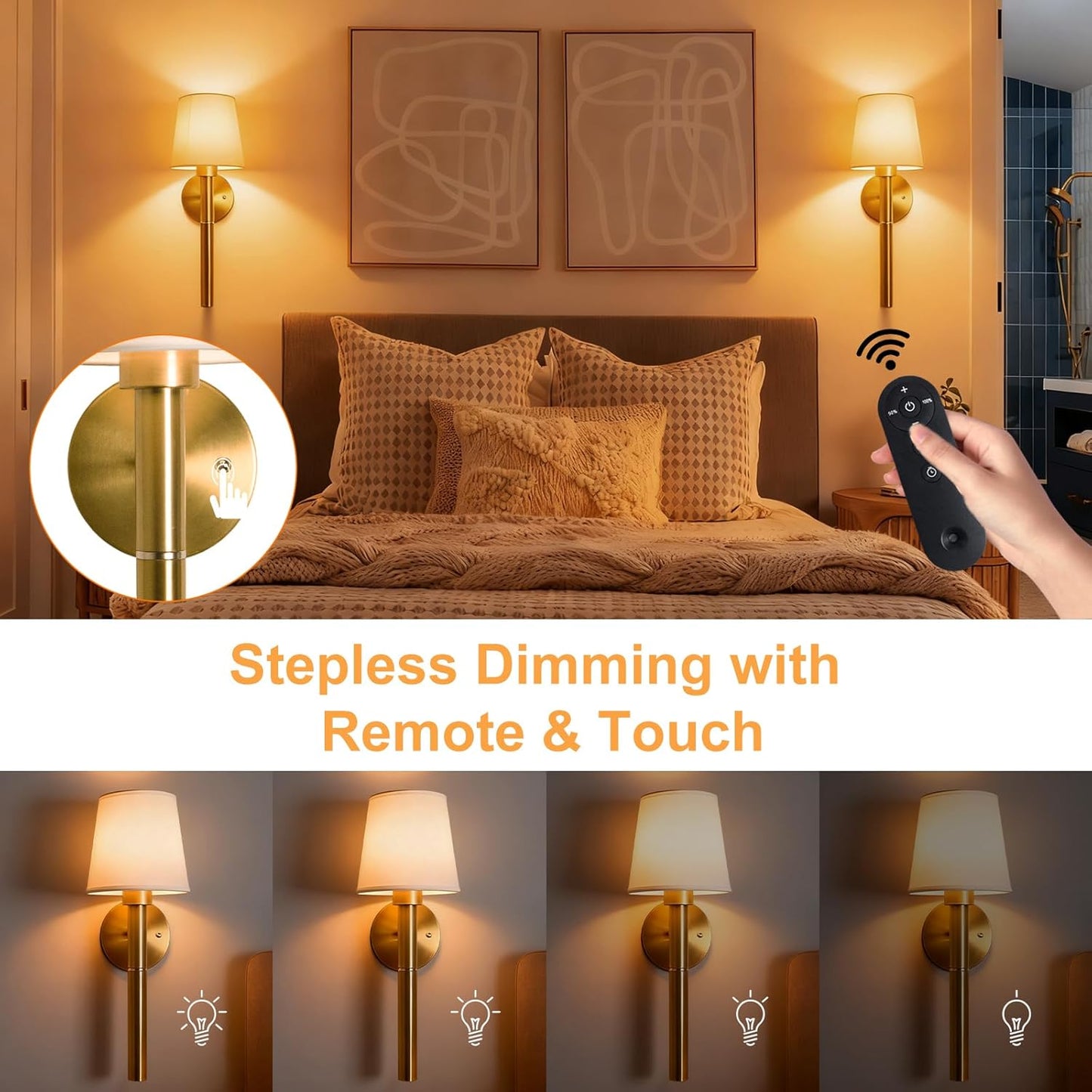 Battery Operated Wall Sconce Set of Two, 5200mAh Magnetic-Handle Rechargeable Sconces Wall Decor with Remote, Gold Wireless Wall Lights Lamp for Bedroom Living Room Home Decor(1 Spare Bulb)