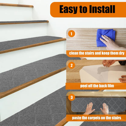 9"X36" Stair Treads Carpet Non-Slip for Wooden Steps Indoor, Machine Washable and Reusable with Tape Free Self-Adhesive Back for Pets, Set of 4, Grey