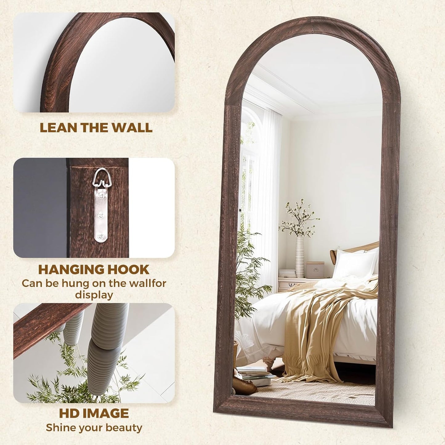 Solid Wood Full Length Mirror - 65"x22" Arched Floor Mirror, Free Standing & Wall Mounted - Elegant Design for Bedroom, Dressing Room, Hallway, Brown