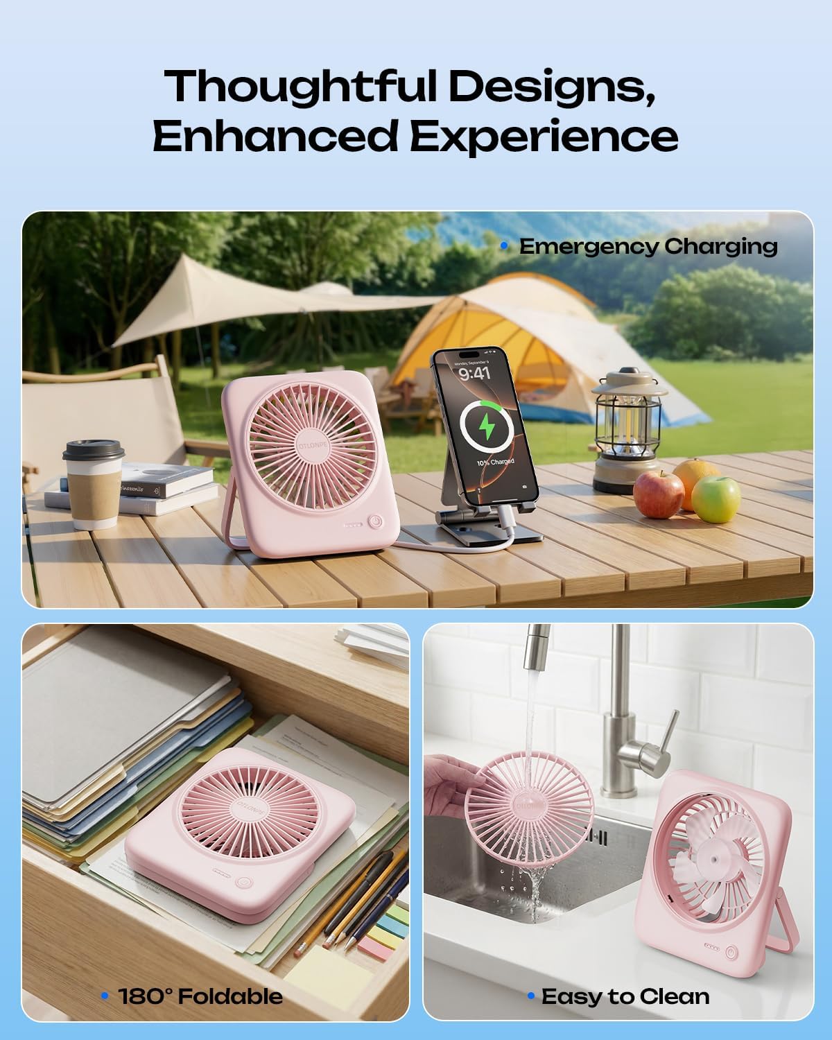 Otlonpe Personal Portable Desk Fan, 4000mAh Small Rechargeable Portable Fan Battery Operated & USB Powered for Travel Sleeping Bedroom Office Home Table, Cordless, Quiet, 4-Speed, 6.5 Inch (Black)