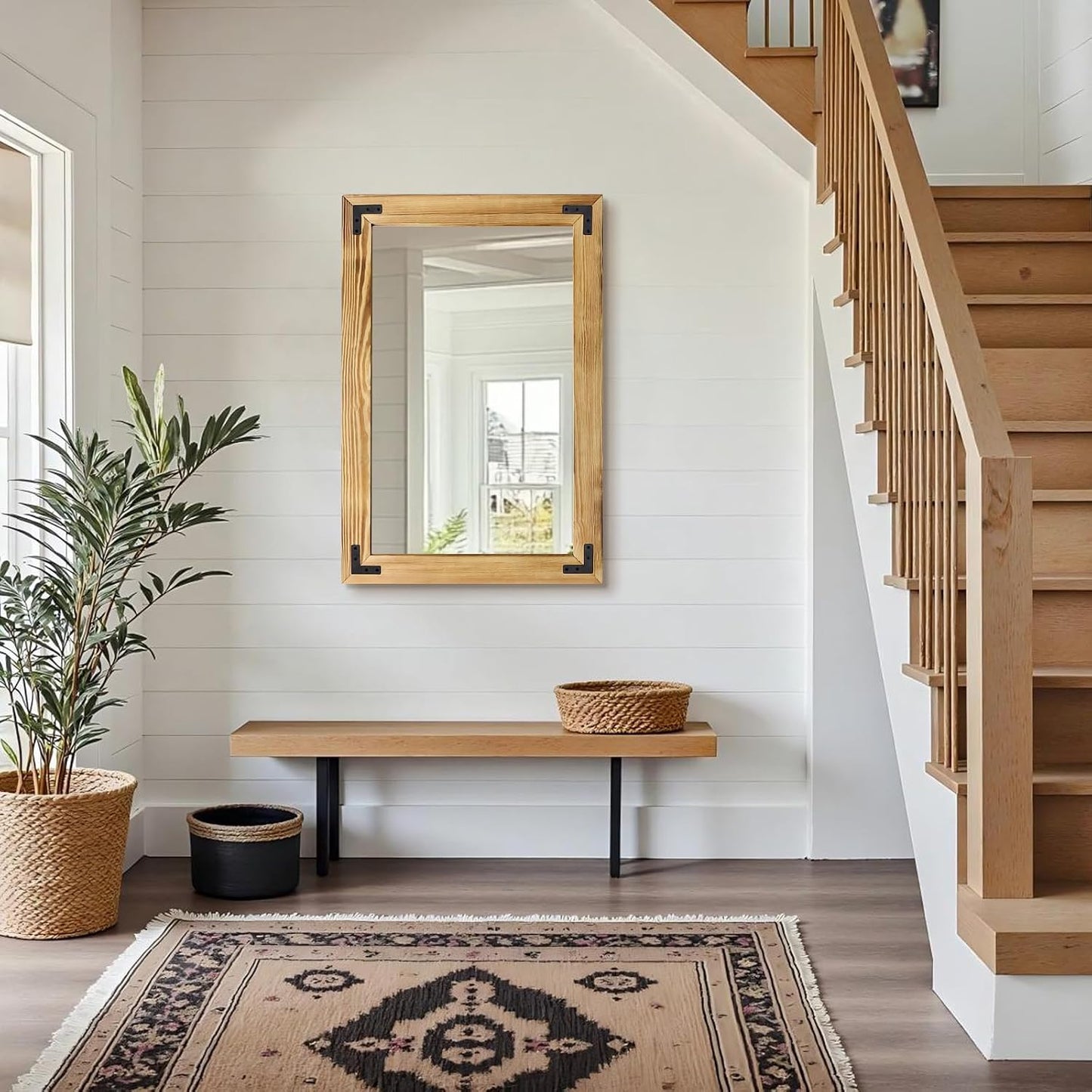 55"x22" Full Length Mirror with Wooden Frame，Natural Wooden Standing Mirror, Solid Wood Frame, Hanging or Leaning Wall-Mounted, Suit for Farmhouse, Living Room, Bedroom (Light Brown)