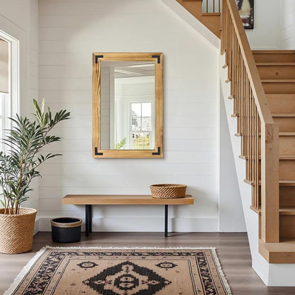 55"x22" Full Length Mirror with Wooden Frame，Natural Wooden Standing Mirror, Solid Wood Frame, Hanging or Leaning Wall-Mounted, Suit for Farmhouse, Living Room, Bedroom (Light Brown)