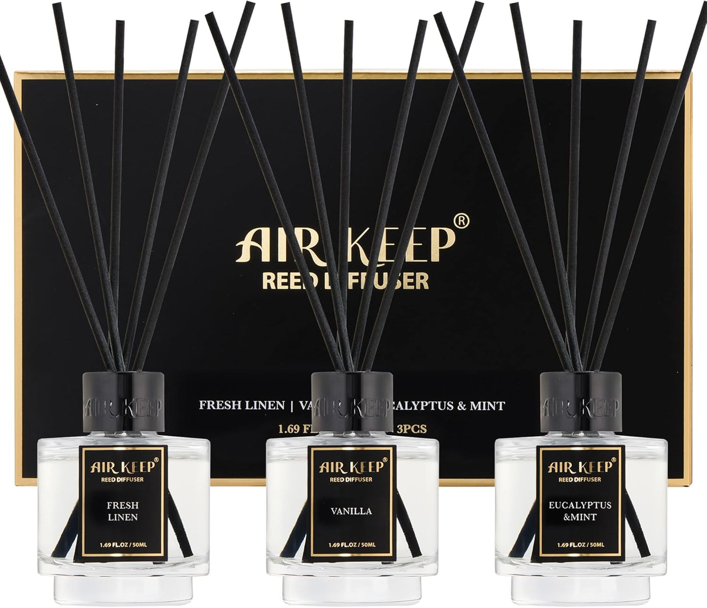 Airkeep Reed Diffuser Set of 3 for Bathroom Air Fresheners, Oil Diffuser Sticks | Cedar Wood,White Pine Moroccan Amber Scent Diffuser(1.7 fl oz*3) Fragrance with 18 Sticks Defusers | Shelf Decor