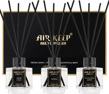 Airkeep Reed Diffuser Set of 3 for Bathroom Air Fresheners, Oil Diffuser Sticks | Cedar Wood,White Pine Moroccan Amber Scent Diffuser(1.7 fl oz*3) Fragrance with 18 Sticks Defusers | Shelf Decor