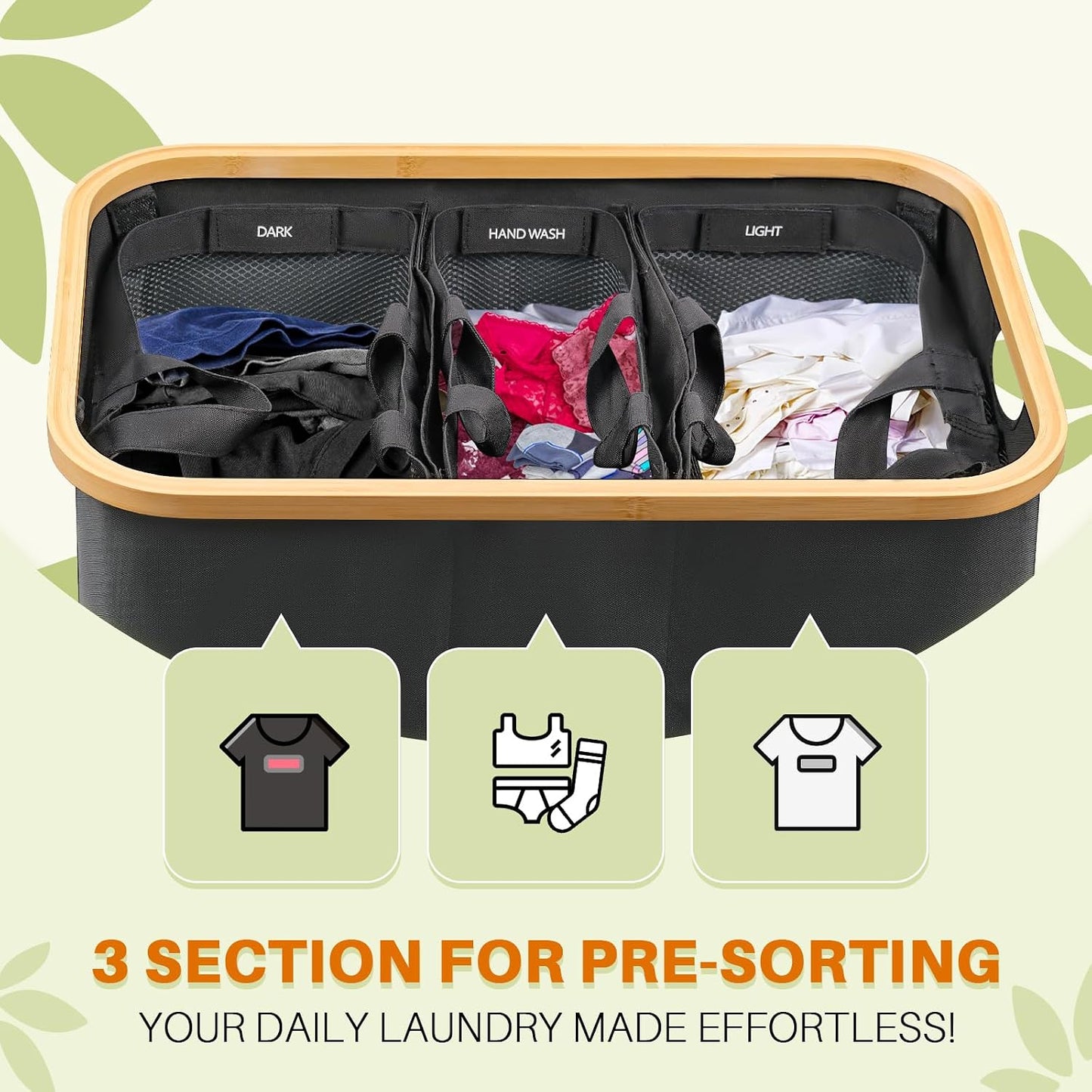 160L Laundry Hamper with Lid, 3 Section Laundry Basket with 3 Removable Bag | Clothes Hampers for Laundry with Bamboo Frame Handle, Large Dirty Clothes Hamper for Laundry Room, Bathroom, Bedroom, Black