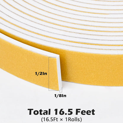 ToLanbbt White Door Window Weather Stripping Self Adhesive Foam Tape High Density Foam Sealing Strip Window Insulation Weatherproof Gasket Tape for Doors and Windows (1/2" W X 1/8" T X 16.5')
