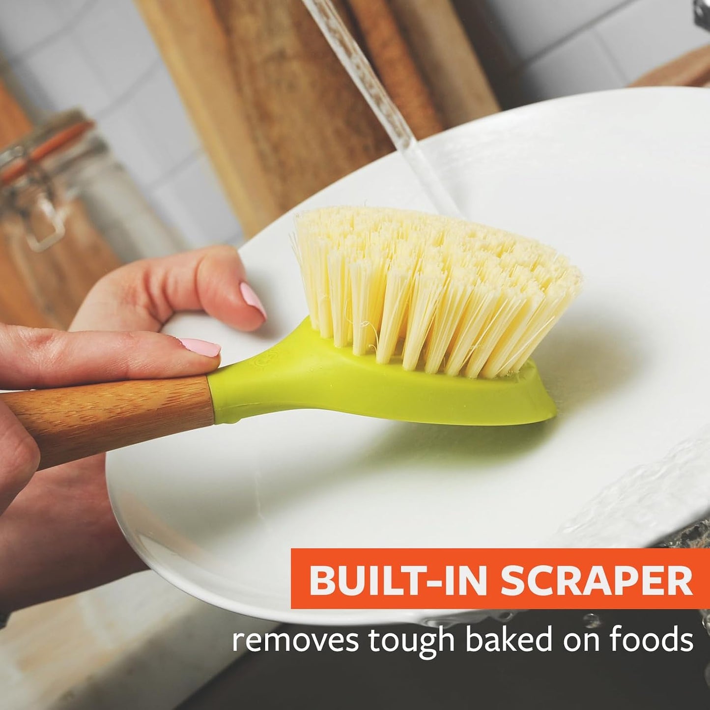 Full Circle Daily Dish Brush-Bamboo Handle Dish Brush–Sustainable Kitchen Cleaning with Tough Bristles-Natural Dish Scrubber,Nonstick & Cast Iron Cleaner-Long Handle Brush for Dishes,Pots,and Pans