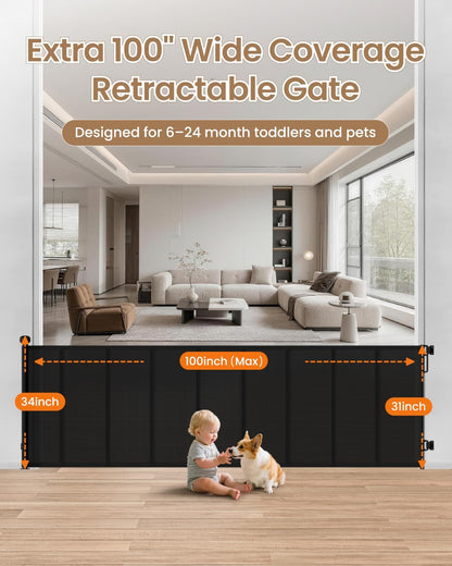 Retractable Baby Gate, 55" Wide Reinforced Mesh Baby Gate with 4 Fiberglass Support Rods for a Tighter Fit, 34" Tall Retractable Dog Gate for Stairways, Hallways and Doorways, Black