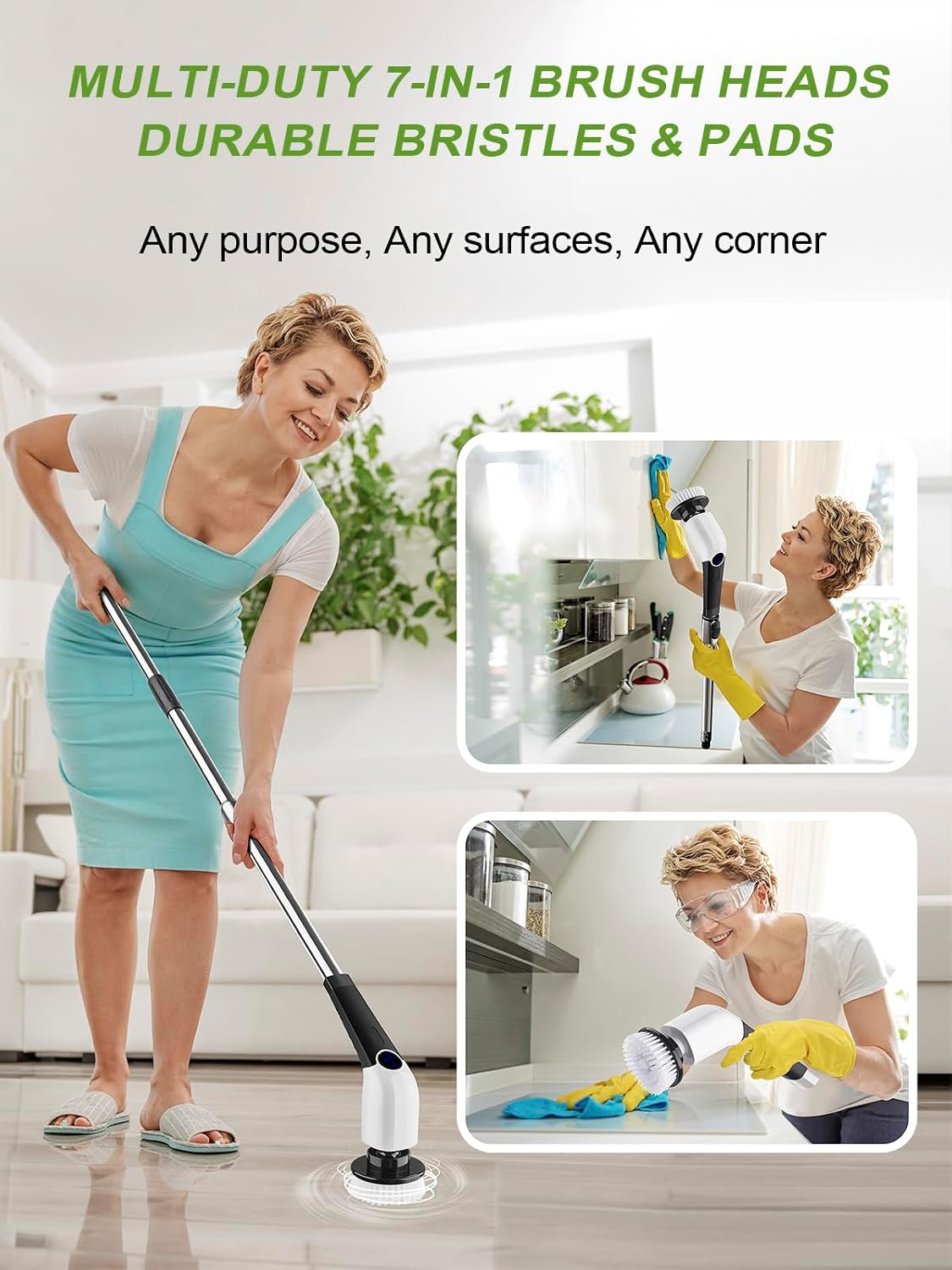 Electric Spin Scrubber, Cordless Bathroom Tub Scrubber with Long Handle & 7 Replaceable Cleaning Heads, Extension as Short Handle, Portable Power Shower Brush Household Tools for Tile Floor