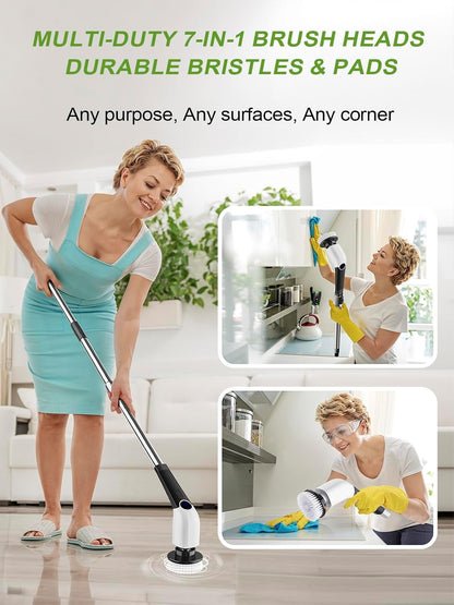 Electric Spin Scrubber, Cordless Bathroom Tub Scrubber with Long Handle & 7 Replaceable Cleaning Heads, Extension as Short Handle, Portable Power Shower Brush Household Tools for Tile Floor