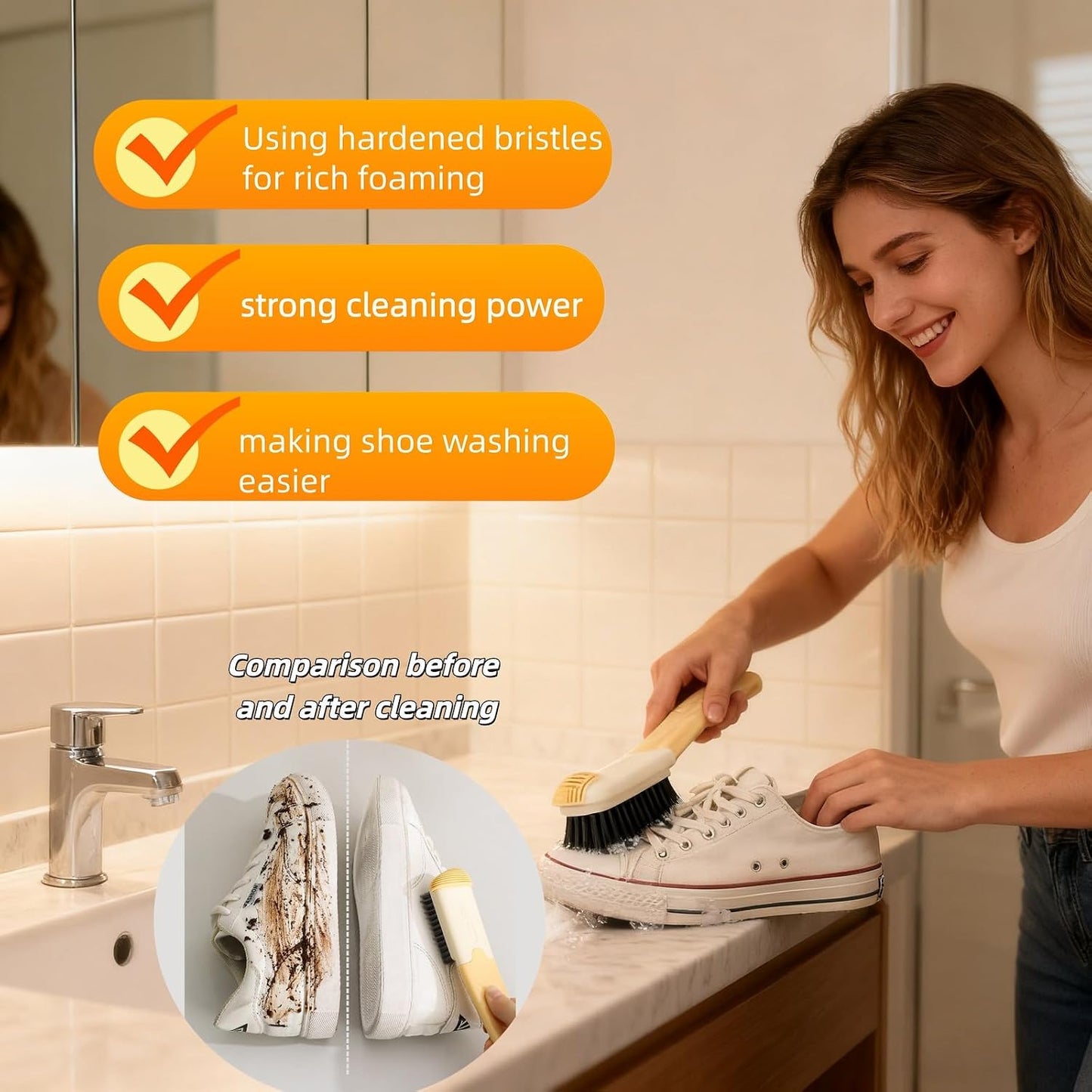 Ergonomic Clothes Soft Bristle Laundry Brush, Milk Yellow, ABS+PBT Material, Hanging Design, Portable Hand-Held Cleaning Tool with Comfortable Grip for Garments, Shoes, Household (Cream Yellow, L)