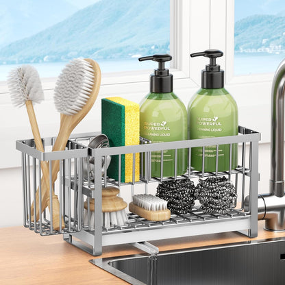 Liuoud Sponge Holder for Kitchen Sink, 2 Tier Sink Caddy Organizer Countertop with Dish Brush Holder and 360° Drain Tray, Rustproof Stainless Steel Dish Soap Storage Rack Set for Accessories Grey