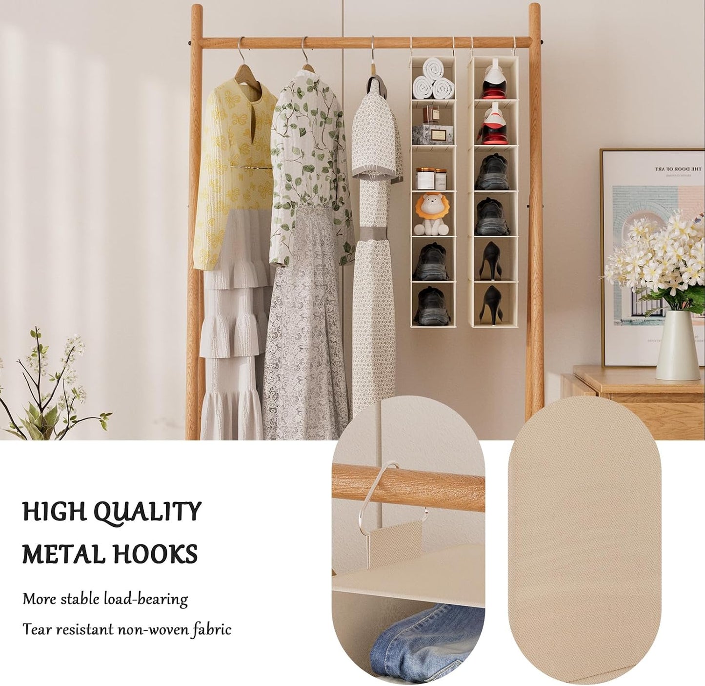 Hanging Shoe Organizer for Closet with 8 Shelves,Mesh Pockets-Wider Hanging Shelves for Shoes,Clothes,Hats with Sturdy Bamboo-Supported Design (Beige)