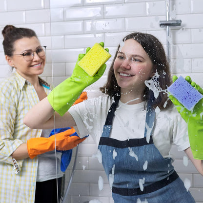 Bamllum 3 Pairs Rubber Cleaning Gloves for Household - Reusable Dishwashing Gloves for Kitchen, Flexible Long-lasting & Waterproof (Medium, Green+Red+Orange)