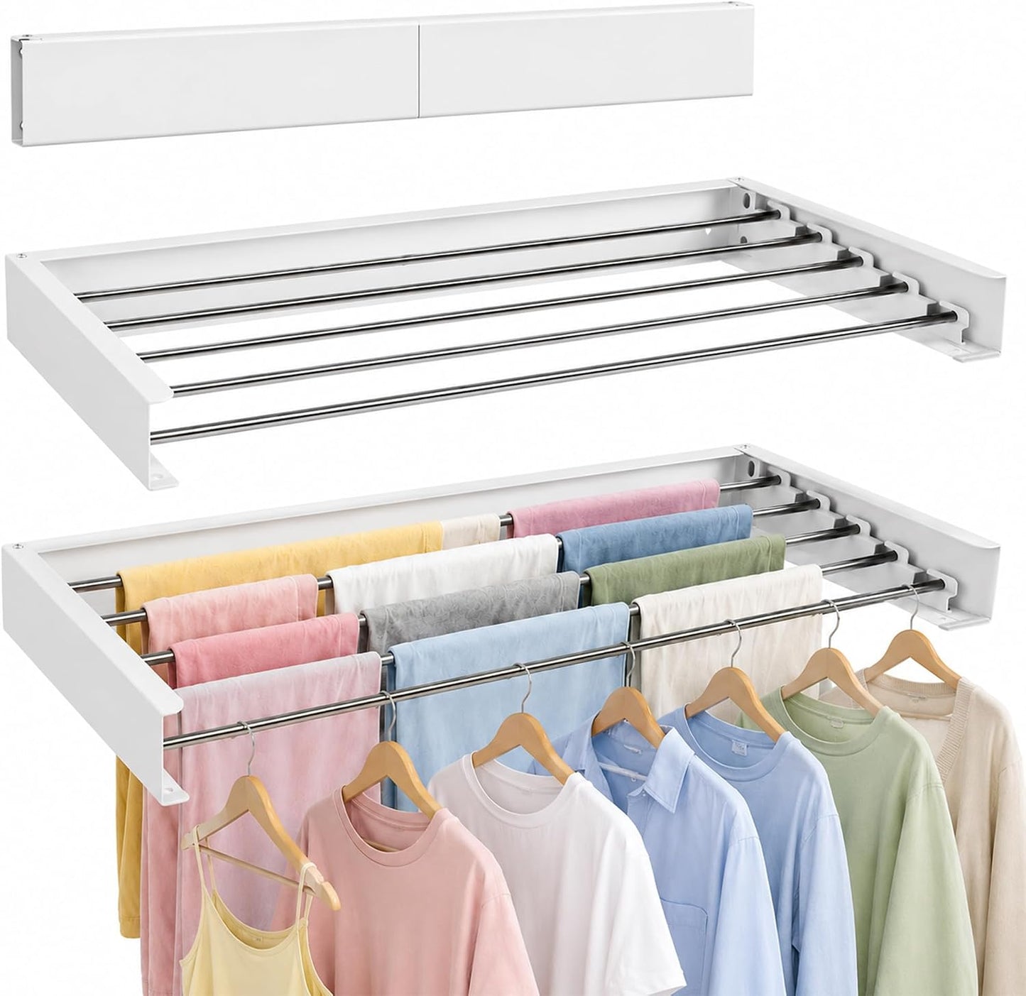 Wall Mounted Clothes Drying Rack Collapsible, Pure Stainless Steel Folding Laundry Drying Rack for Indoor Outdoor Use, Heavy Duty Wall Mounted Clothes Rack White