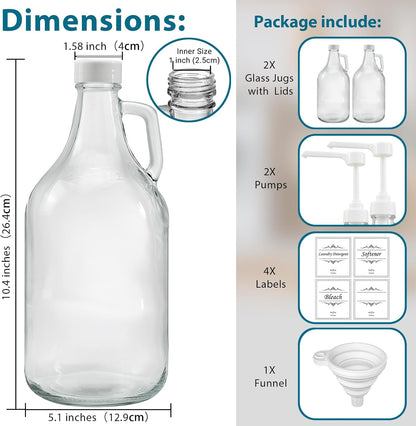 2 Pcs Glass Liquid Laundry Detergent Dispenser with Pump (Upgraded), 64 oz Dispenser for Laundry Room, Half Gallon Glass Jugs with Airtight Lid
