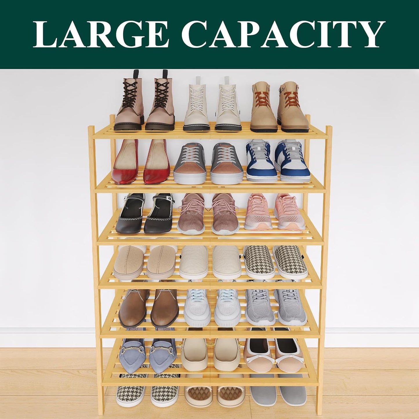 Smiry Bamboo Shoe Rack, 3 Tier Free Standing Wooden Shoe Organizer, Stackable Wood Shoe Storage Shelf for Closet, Entryway, 5 Horizontal Slats, 26.8"x11"x18.3", Natural