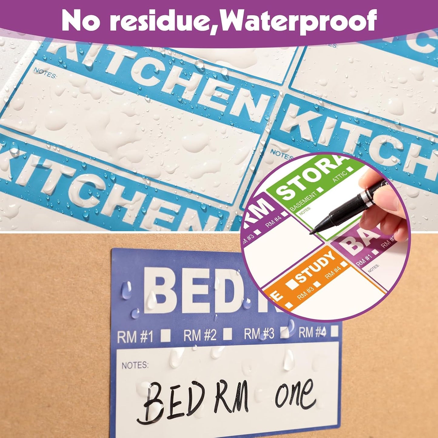 200 Count Removable Moving Labels, 3.4 x 2 in, 9 Colors with Pen | Waterproof Synthetic Paper, Writable, Tear Resistant, Color Coded Room Labels, Fragile/Heavy/Blank, Residue-Free Removal