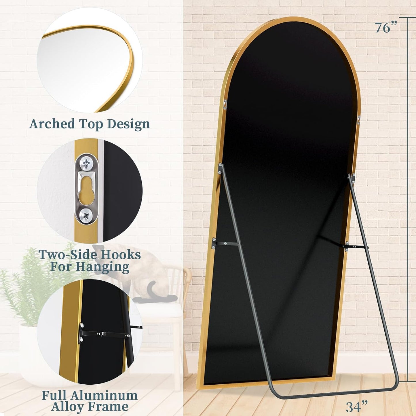 Full Length Mirror with Stand, 71"x28" Arched Full Body Large Stand Up Aluminum Frame Floor Standing Mirror, Freestanding Hanging Leaning Mounted for Bedroom Living Room Entryway Gold
