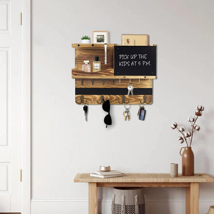 Key Holder for Wall Mount with Shelf and Mail Organizer, Key and Mail Holder with 16 Hooks, Farmhouse Entryway Organizer, Home Decor Rack (Pine Wood, Black)
