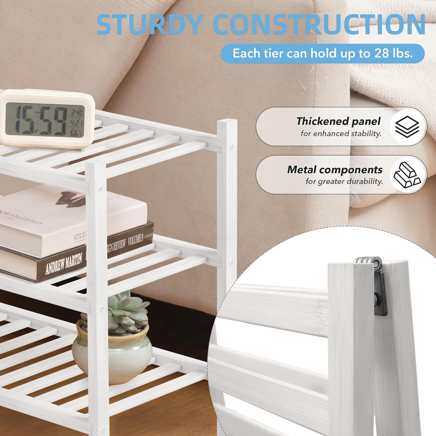4 Tier Bamboo Shoe Rack Storage Organizer for Closet, Multifunctional Stackable Free Standing Shoe Shelf Organizer for Small Space,Entryway, Hallway, Bathroom27 x11 x26(White, 4 Tier)