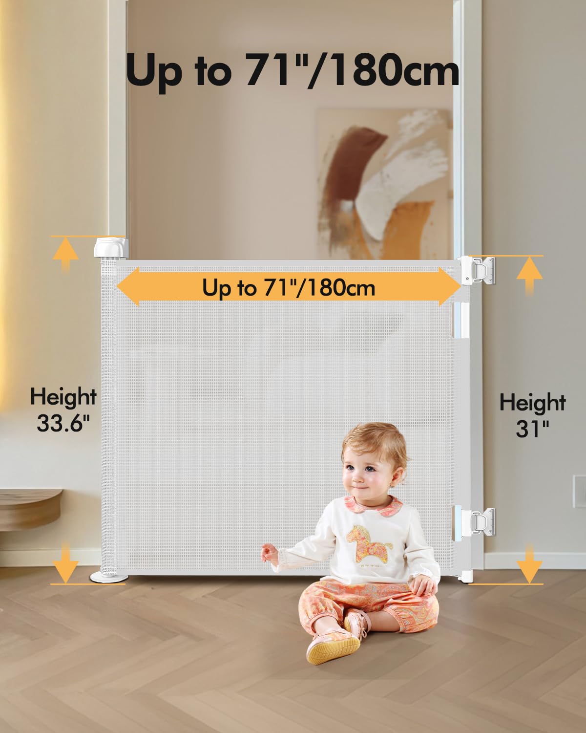 Retractable Baby Gate for Stairs & Doorways, 55" Wide x 33.6" Tall Easy Installation Mesh Dog Gate for Indoor & Outdoor Use,Pet and Dog Safety Gate for Hallways(Grey)