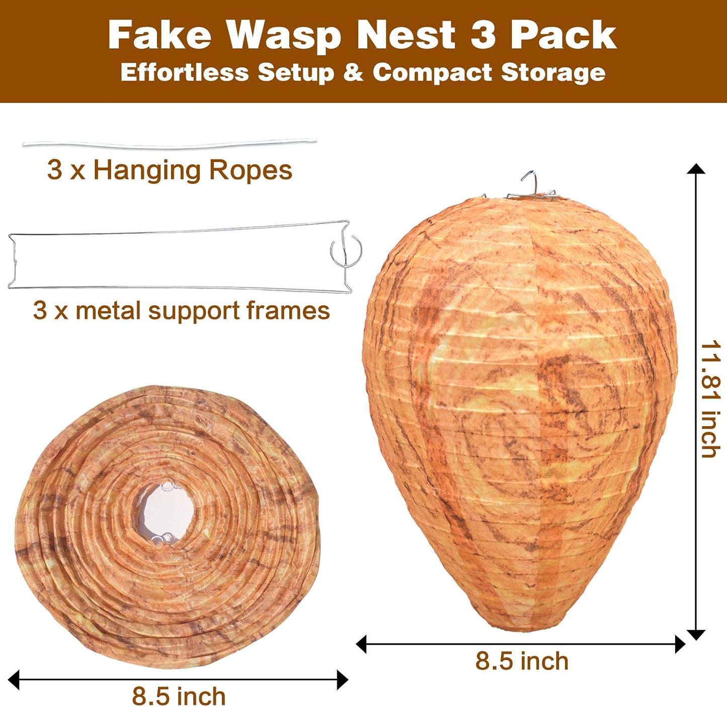 4 Pack Fake Wasp Nest Decoy, Waterproof Hanging Wasp Hornet Decoy for Outdoor, Brown Wasps and Hornets Nests, Reusable for Patio, Porch, Garden, Under Eaves, Garage, Backyard, House