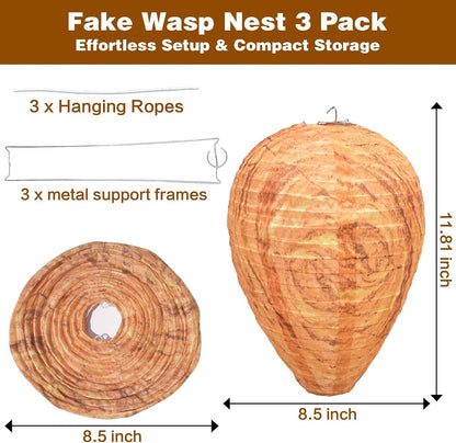 4 Pack Fake Wasp Nest Decoy, Waterproof Hanging Wasp Hornet Decoy for Outdoor, Brown Wasps and Hornets Nests, Reusable for Patio, Porch, Garden, Under Eaves, Garage, Backyard, House
