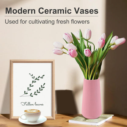 White Ceramic Vase, GUKJOB Small Cute Flower Vase for Pampas Grass, Home, Living Room, Dining Table, Farmhouse, Office Decor, Bedroom, Table, and Kitchen Shelf (White- 2PCS)