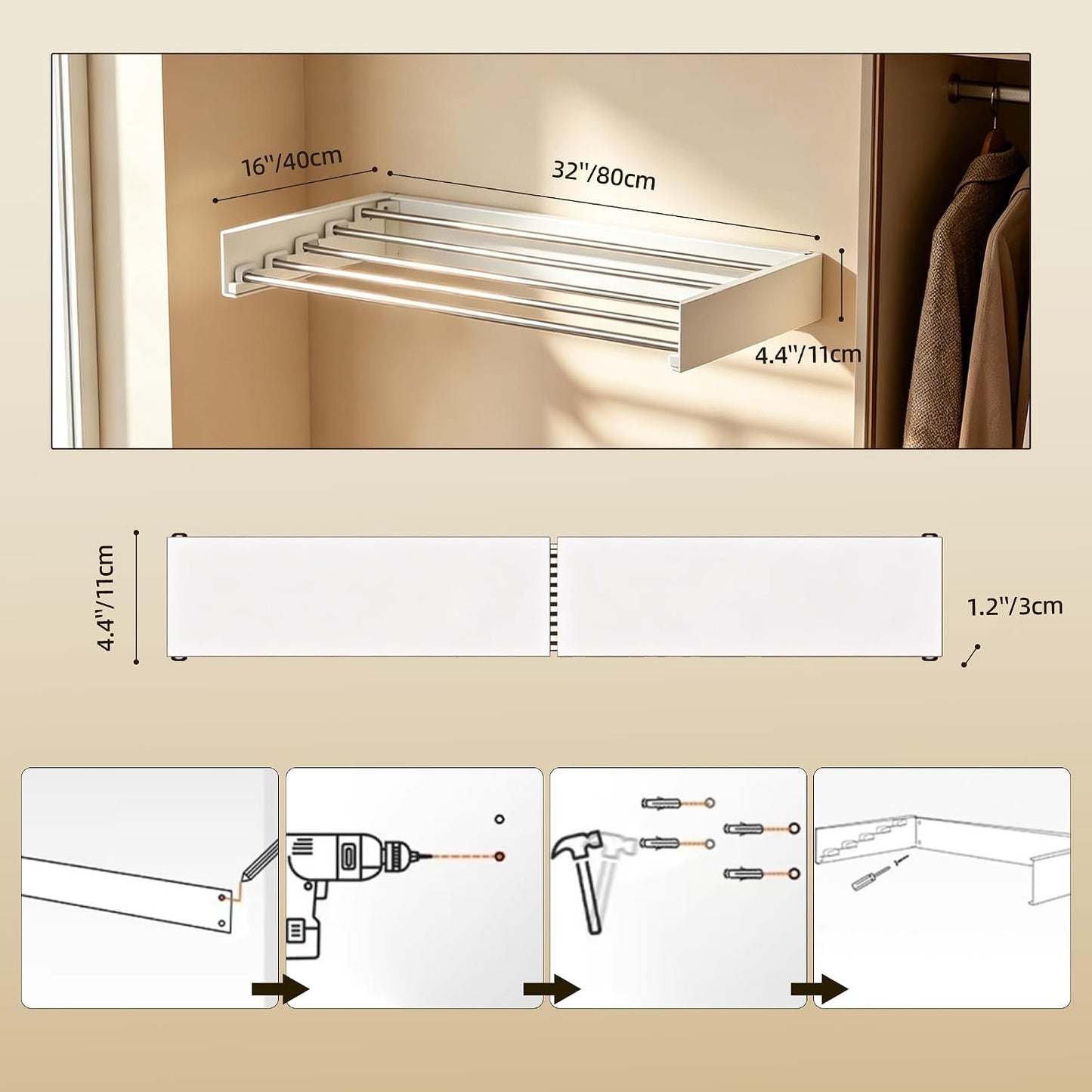 Wall Mounted Clothing Drying Rack 32“ Folds to 1.2” Ultra-Thin Space Saving Clothes Laundry Rack Holds 50 lbs Rust-Resistant Collapsible Space Aluminum for Apartment, RV, Laundry Room, White