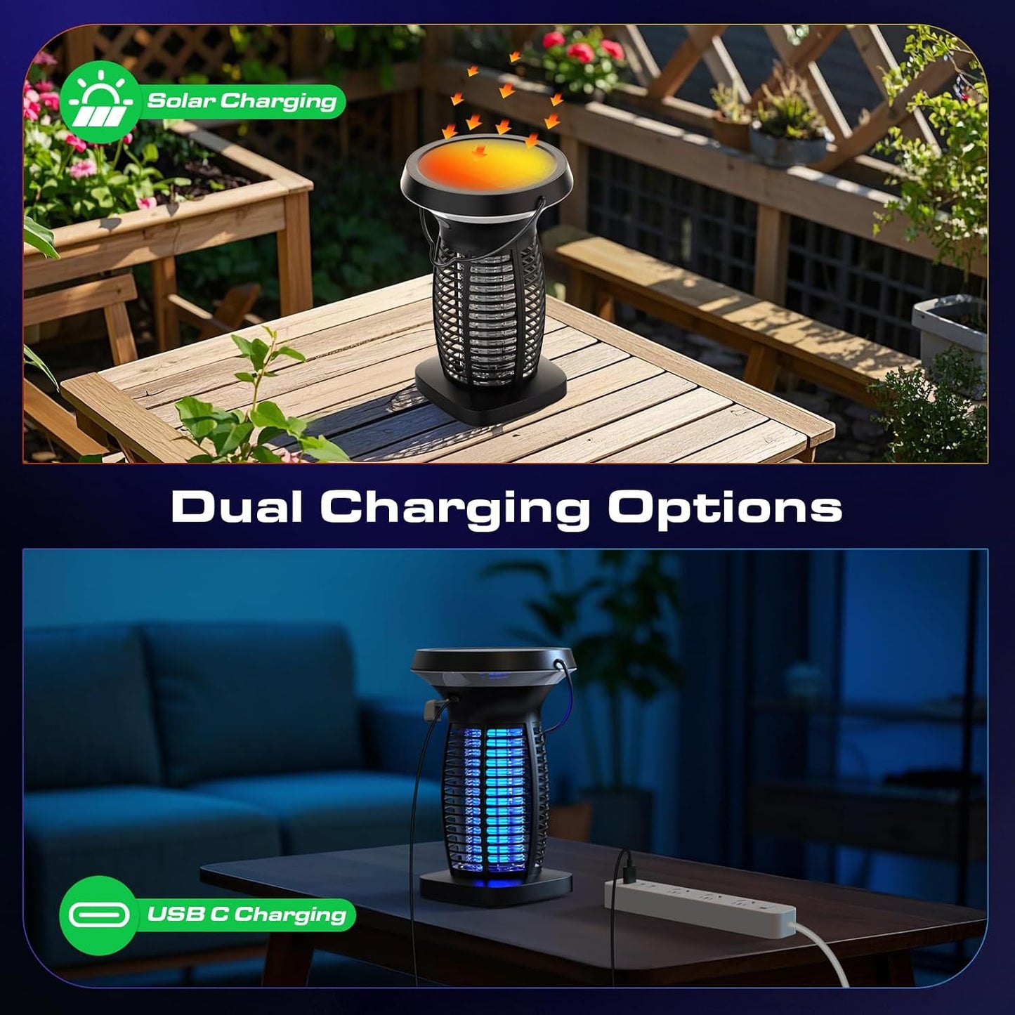 OnBeam Solar Bug Zapper Outdoor, 4200V Electric Mosquito Killer for Patio | Solar & USB-C Charging, IPX5 Waterproof, Auto Mode, SOS Light, Indoor Fly Trap for Home, Backyard, Garden, Camping