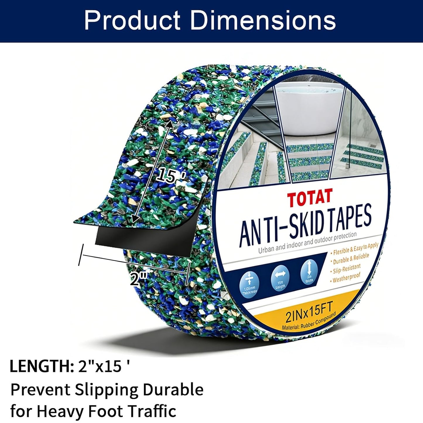 Waterproof Tape for Pools, 4" x15FT Heavy Duty Anti Slip Stair Treads Outdoor Tape Non-Slip Rubber Grip Tape Shower Strips Slip Resistant Tape Traction Tape for Stairs Showers Bathroom Trails