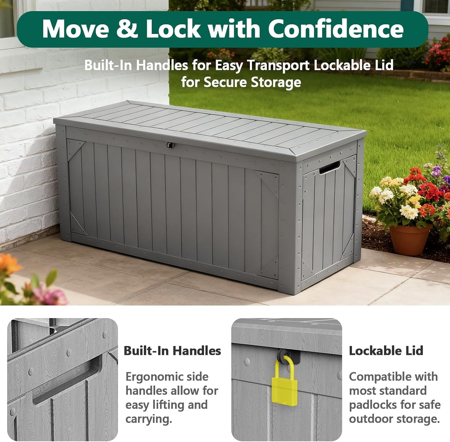 Outdoor Storage Box, 98 Gallon Deck Box, Outdoor Storage Bench, Waterproof Resin Storage Bench with Lockable Lid, Patio Furniture Cushions & Garden Tools Storage, UV Resistant (Black)