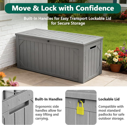 Outdoor Storage Box, 98 Gallon Deck Box, Outdoor Storage Bench, Waterproof Resin Storage Bench with Lockable Lid, Patio Furniture Cushions & Garden Tools Storage, UV Resistant (Black)