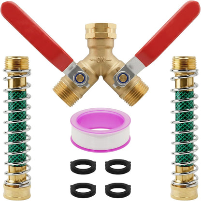 Garden Hose Splitter 2 Way, Heavy Duty Brass Y Valve Water Hose Splitter With Stainless Steel Long Handle Outdoor Full Flow Hose Splitter Connector,Y Valve 3/4 Inch GHT Thread