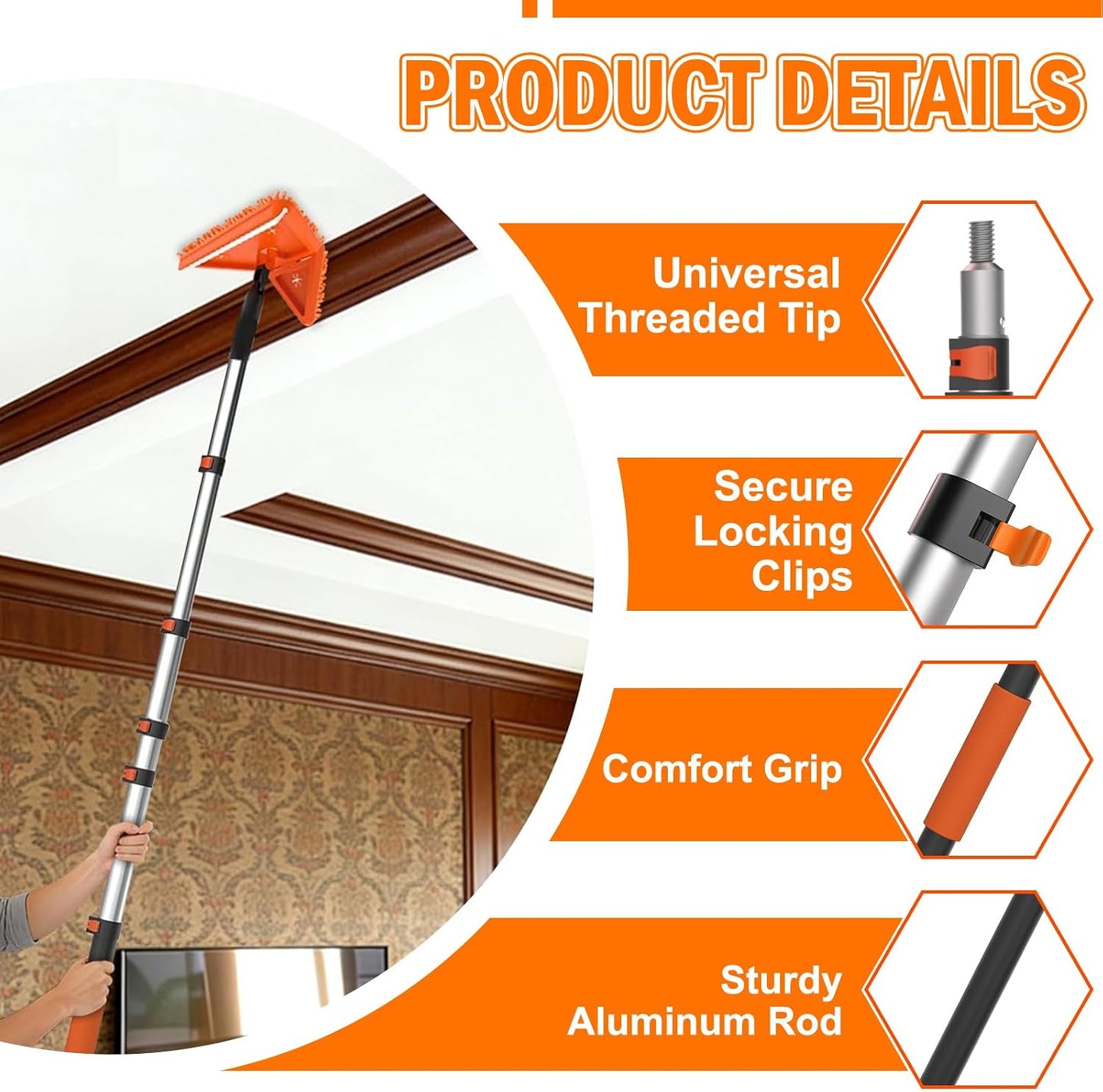 LAANPOLE 26FT Reach Dusters for Cleaning, Ceiling Fan Cleaner Duster with Extension Pole, Wall and Baseboard Cleaner Mop with Handle for Window Cobweb Fan Blade and High Ceiling